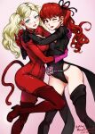  2girls :d ;d black_leotard black_thighhighs blonde_hair bodysuit breasts cat_tail gloves green_eyes hug leotard long_hair medium_breasts mina_cream multiple_girls one_eye_closed persona persona_5 persona_5_the_royal ponytail purple_gloves red_bodysuit red_eyes red_hair smile tail takamaki_anne thighhighs thighs twintails wavy_hair yoshizawa_kasumi 