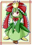  1girl bow cosplay crown dress frilled_ribbon frilled_sleeves frills front_ponytail full_body green_dress green_hair hair_bow hair_ribbon kagiyama_hina leaf leaf_on_head lilligant long_ribbon long_sleeves looking_at_viewer pokemon red_eyes red_ribbon ribbon smile solo touhou tu-kon wide_sleeves 