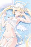  1girl arm_garter arm_up armpits babydoll bare_shoulders blonde_hair blue_eyes blue_nails breasts closed_mouth feathered_wings feathers fingernails frilled_panties frills garter_straps halo hand_up highres kira_(kira78718520) long_hair looking_at_viewer lying medium_breasts mini_wings nail_polish navel on_back one_eye_closed original panties pillow see-through sleep_mask solo spaghetti_strap stomach thighs twintails underwear very_long_hair white_panties wings 