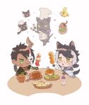  2boys :d :i absurdres animal animal_ears apple apron aragami_oga arm_warmers baby_bottle beer_mug black_gloves black_hair black_kimono blush_stickers boned_meat bottle bread burger capelet cheese chef_hat chibi chungami clothed_animal cup dango dark-skinned_male dark_skin detached_collar earrings eating fang feather_earrings feathers food food_bite food_on_face french_fries fruit fur-trimmed_capelet fur_trim glasses gloves green_eyes grey_cat hadanugi_dousa hair_over_one_eye half_mask hat highres holding holding_skewer holostars horns igote jackal_boy jackal_ears jackal_tail japanese_clothes jewelry kageyama_shien kimono koyama_(kageyama_shien) low_ponytail mafia_(holostars) mask meat medium_hair mug multicolored_hair multiple_boys nakayama_(kageyama_shien) nekoyama_shien official_alternate_costume partially_fingerless_gloves petals plate sakura_mochi sanshoku_dango short_hair simple_background single_horn skewer skin_fang sleepymondays smile strawberry swept_bangs table tail takoyaki two-tone_hair upper_body virtual_youtuber wagashi white_apron white_background white_capelet white_hair white_kimono wide_sleeves yellow_eyes 