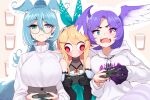  3girls black_gloves black_nails blonde_hair blue_eyes blue_hair blue_nails blue_wings breasts controller dragon_girl dragon_tail elbow_gloves elira_pendora fangs flower game_controller glasses gloves green_ribbon hair_flower hair_ornament hair_ribbon hairclip head_wings heterochromia high-waist_skirt highres hood hoodie large_breasts long_hair long_sleeves looking_at_viewer multicolored_hair multiple_girls nijisanji nijisanji_en open_mouth playing_games pointy_ears pomu_rainpuff purple_eyes purple_hair purple_wings red_eyes ribbon ricegnat selen_tatsuki skirt smile tail virtual_youtuber white_hair white_hoodie wings 