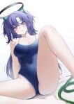  1girl alternate_costume arm_support barefoot bechu black_halo blue_archive blue_eyes blue_hair blue_one-piece_swimsuit blurry blurry_foreground blush breasts collarbone commentary_request competition_school_swimsuit covered_navel dark_blue_hair depth_of_field dutch_angle feet_out_of_frame gradient_background groin_tendon hair_between_eyes hair_ornament halo highres hose knee_up korean_commentary long_hair looking_at_viewer mechanical_halo medium_breasts on_floor one-piece_swimsuit parted_bangs parted_lips partial_commentary red_pupils revision sample_watermark school_swimsuit sitting solo spread_legs swimsuit thighs tile_floor tiles two_side_up very_long_hair wet wet_clothes wet_hair wet_swimsuit white_background yuuka_(blue_archive) 