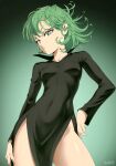  1girl absurdres black_dress breasts covered_navel cowboy_shot curly_hair dress green_eyes green_hair hand_on_own_hip highres legs long_sleeves looking_at_viewer medium_breasts no_panties one-punch_man short_hair side_slit simple_background solo stayaliveplz tatsumaki 