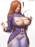  ! 1girl ahoge blush breasts brown_eyes brown_hair bursting_breasts cleavage gradient_background hair_over_one_eye hands_up highres huge_breasts kono_subarashii_sekai_ni_shukufuku_wo! long_hair open_mouth patreon_username purple_robe robe simple_background solo superbusty torn_clothes wardrobe_malfunction wiz_(konosuba) 