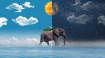  animal cloud cloudy_sky day elephant from_side full_body island moon night night_sky ocean one_piece outdoors photoshop_(medium) realistic sky solo standing star_(sky) starry_sky sun therealmonsato walking water zunesha 