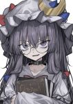  1girl absurdres black_choker blue_bow book bow character_name choker crescent crescent_hat_ornament glasses hat_ornament highres hisha_(kan_moko) holding holding_book jacket looking_at_viewer nervous_smile nervous_sweating patchouli_knowledge purple_eyes red_bow sleeves_past_wrists smile solo sweat touhou white_background white_headwear white_jacket 