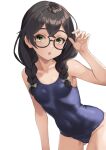  1girl akahara_tyun black_hair blue_one-piece_swimsuit braid breasts cevio covered_navel cowboy_shot crossed_bangs glasses green_eyes hair_over_shoulder hanakuma_chifuyu leaning_forward long_hair looking_at_viewer low_twin_braids one-piece_swimsuit otaru_(hokkaido) school_swimsuit simple_background small_breasts solo swimsuit synthesizer_v twin_braids white_background 