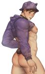  1boy animal_hat ass bara bear_boy bear_tail black_choker black_hair blush bottomless choker clothes_lift hat highres hood hood_down hoodie hoodie_lift large_pectorals male_focus muscular muscular_male naked_hoodie nipples original pectorals purple_hoodie sancho_(artist) short_hair simple_background solo tail thick_thighs thighs white_background 