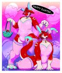  2023 anthro basket biped blush bulge clothing container digital_media_(artwork) dragon easter fake_ears fake_rabbit_ears green_eyes hi_res holidays legwear male pink_clothing pink_legwear pink_thigh_highs red_body solo thescarletdragon1 thigh_highs white_body 