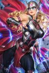  1girl armlet armor armpits bare_shoulders black_bodysuit black_pants blonde_hair blue_eyes bodysuit breasts cape english_commentary fingerless_gloves floating_rock gloves hammer helmet highres holding holding_hammer holding_weapon jane_foster large_breasts lightning lips long_hair marvel mixed-language_commentary mjolnir_(marvel) muscular muscular_female nail_polish neoartcore paid_reward_available pants parted_lips patreon_username pelvic_curtain pink_nails red_cape solo superhero thai_commentary thick_thighs thighs thor_(jane_foster) tight_clothes vambraces wavy_hair weapon 