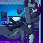  absurd_res anthro canid canine canis credits digital_media_(artwork) doorway duo female hair hi_res hrelterskrelter living_room long_hair male male/female mammal pixel_(artwork) television wolf 