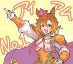  1girl :d animal_ears cape crown emphasis_lines hair_between_eyes highres horse_ears horse_girl looking_at_viewer maromaron_taitei mini_crown one-hour_drawing_challenge orange_hair pointing purple_cape purple_eyes short_hair smile solo t.m._opera_o_(umamusume) tomboy umamusume yellow_background 