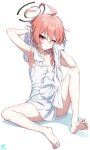  1girl :/ absurdres ahoge armpits bare_arms bare_legs barefoot blue_archive blush closed_mouth drying drying_body drying_hair feet flat_chest halo highres huge_ahoge knee_up looking_at_viewer makicha_(sasurainopink) naked_towel narrowed_eyes neru_(blue_archive) one_eye_closed orange_hair red_eyes shadow short_hair simple_background sitting slit_pupils soles solo toes towel wet white_background 