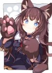  1girl animal_ear_fluff animal_ears animal_hands black_jacket black_skirt blue_eyes blush braid brown_gloves brown_hair center_frills closed_mouth collared_shirt commission copyright_request daidai_ookami frills gloves highres jacket long_hair long_sleeves looking_at_viewer open_clothes open_jacket paw_gloves shirt single_braid skeb_commission skirt smile solo thick_eyebrows very_long_hair white_shirt 