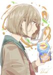  1girl blue_sailor_collar brown_eyes brown_hair cardigan carton closed_mouth drinking_straw from_side highres holding holding_carton leaf lipton long_sleeves man015s original profile sailor_collar short_hair signature simple_background solo tea tea_leaves upper_body wet wet_hair 