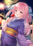  1girl :d blue_ribbon blush commentary_request commission fireworks food hair_ribbon halo highres holding holding_food indie_virtual_youtuber japanese_clothes kimono long_hair looking_at_viewer mashiro_mayu night night_sky nikoo obi official_art outdoors pink_hair pixiv_commission purple_eyes purple_kimono ribbon sash sky smile solo star_(sky) starry_sky summer_festival two_side_up virtual_youtuber white_wings wings yellow_halo yukata 