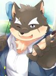  1boy absurdres animal_ears beckoning black_eyes blue_gakuran blush brown_fur brown_hair collared_shirt commentary_request dog_boy dog_ears eyebrow_cut fang forked_eyebrows furry furry_male gakuran highres male_focus moritaka_(housamo) notched_ear one_eye_closed open_mouth outstretched_arm pawpads pig_p0318 plump scar scar_on_cheek scar_on_face scar_on_nose school_uniform shirt short_hair smile solo thick_eyebrows tokyo_afterschool_summoners two-tone_fur upper_body vignetting weapon weapon_on_back white_shirt 