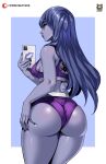  1girl absurdres alternate_costume ass black_nails blue_background blush border breasts cellphone colored_skin english_commentary floating_hair from_behind hand_on_own_ass highres holding holding_phone kyoffie long_hair medium_breasts outside_border overwatch panties patreon_logo phone purple_hair purple_lips purple_panties purple_skin purple_sports_bra smartphone solo sports_bra underwear very_long_hair web_address white_border widowmaker_(overwatch) yellow_eyes 