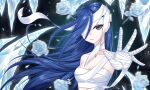  1girl bandaged_chest bandaged_fingers bandaged_hand bandaged_head bandaged_neck bandages blue_hair breasts cang_yue_(tou_xing_jiuyue_tian) cleavage dark_background expressionless floating_hair flower highres ice_flower icicle kumu_zaisheng long_hair looking_at_viewer naked_bandage one_eye_covered outstretched_arm outstretched_hand rose solo tou_xing_jiuyue_tian upper_body 