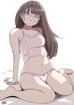  1girl arm_support bad_foot barefoot blue_eyes breasts brown_hair camisole dated glasses hadashi_no_kenji highres long_hair looking_at_viewer midriff navel original panties pink_camisole pink_panties sitting small_breasts underwear 