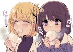  2girls baozi black_hair blonde_hair blush bob_cut closed_eyes commentary_request food hair_ribbon highres inoue_takina long_hair long_sleeves lycoris_recoil multiple_girls nishikigi_chisato one_side_up open_mouth purple_eyes red_ribbon ribbon sango_(sango3_3) scarf short_hair sidelocks simple_background translation_request upper_body white_background white_scarf 