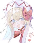  1girl blonde_hair blue_eyes blush bow hair_between_eyes hair_bow hat lily_white long_hair open_mouth portrait red_bow simple_background smile solo touhou tsukikaze_aki white_background white_headwear 