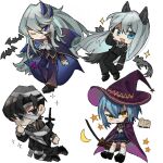  2boys 2girls angela_(project_moon) angelica_(library_of_ruina) animal_ears argalia_(library_of_ruina) bandages black_gloves black_jacket black_pants black_sweater blue_cape blue_eyes blue_hair cape closed_mouth fei_se_wuya gloves halloween hat jacket library_of_ruina long_hair looking_at_viewer multiple_boys multiple_girls open_mouth pants project_moon purple_cape purple_headwear roland_(library_of_ruina) short_hair smile sweater tail turtleneck turtleneck_sweater vampire very_long_hair white_hair witch witch_hat wolf_ears wolf_girl wolf_tail 