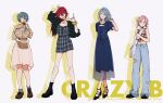  4girls :d \m/ amagi_rinne arm_up bag bare_shoulders black_footwear black_jacket blue_dress blue_eyes blue_hair blue_pants boots breast_pocket breasts brown_footwear brown_shirt buttons character_name checkered_clothes checkered_shirt closed_mouth collarbone collared_shirt commentary_request crazy_b_(ensemble_stars!) crop_top cropped_jacket denim doughnut dress earrings eating ensemble_stars! food food_in_mouth genderswap genderswap_(mtf) grey_dress grey_hair grey_socks hair_between_eyes hair_over_shoulder hand_up head_tilt high_heels highres himeru_(ensemble_stars!) holding holding_bag jacket jeans jewelry large_breasts long_hair looking_at_viewer low_twintails medium_breasts medium_hair mochiko_(zy) multiple_girls multiple_rings open_clothes open_jacket open_mouth oukawa_kohaku pants parted_bangs parted_lips pink_hair plaid plaid_dress pleated_skirt pocket ponytail purple_eyes red_hair ring scrunchie see-through see-through_dress shadow shiina_niki shirt shoes short_sleeves short_twintails shoulder_bag sidelocks simple_background skirt sleeveless sleeveless_shirt sleeves_past_elbows smile socks standing strapless strapless_dress strappy_heels teeth torn_clothes torn_pants twintails upper_teeth_only white_background white_bag white_skirt wing_collar wrist_scrunchie yellow_eyes yellow_scrunchie 