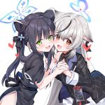 2girls animal_ear_fluff animal_ears black_dress black_hair black_jacket blue_archive blush brown_eyes cheek-to-cheek china_dress chinese_clothes commentary_request dress face-to-face green_eyes grey_hair halo heads_together heart holding_hands jacket kokona_(blue_archive) leaning_forward long_hair looking_at_viewer moeki_yuuta multicolored_hair multiple_girls open_mouth ribbon short_sleeves shun_(blue_archive) shun_(small)_(blue_archive) smile streaked_hair striped striped_dress striped_jacket tiger_ears tiger_girl twintails vertical-striped_dress vertical-striped_jacket vertical_stripes very_long_hair 