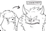  angoramon angry anthro bandai_namco digimon digimon_(species) digimon_ghost_game duo english_text evolutionary_family fluffy hair hair_over_eyes hi_res lagomorph leporid long_ears male mammal rabbit rinhatsuyuki sharp_teeth teeth text 