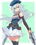  1girl belt_pouch beret blue_background boots detached_sleeves dual_wielding eiyuu_densetsu feng_you fie_claussell gunblade hair_between_eyes hat holding holding_weapon kuro_no_kiseki long_hair pouch sidelocks simple_background skirt smile solo weapon white_hair 