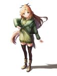  1girl absurdres alternate_costume arknights black_thighhighs blush boots brown_eyes brown_hair capelet commentary_request feather_hair green_capelet green_jacket highres hood hood_down jacket killizard long_hair long_sleeves pinecone_(arknights) shadow simple_background solo thighhighs very_long_hair white_background 