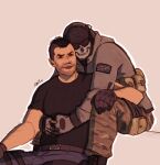  2boys amikoroyai arm_hair bara beard_stubble call_of_duty call_of_duty:_modern_warfare_2 camouflage camouflage_pants couple denim feet_out_of_frame ghost_(modern_warfare_2) highres hug hug_from_behind jeans male_focus mask mature_male multiple_boys muscular muscular_male mustache_stubble pants pectorals shirt short_hair sideburns sitting skull_mask soap_(modern_warfare_2) sunglasses t-shirt union_jack_print yaoi 