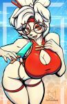  absurd_res alternate_species anthro bent_over big_breasts bikini breasts canid canine cleavage_cutout clothing drfoxxbutt eyeshadow eyewear female food furrification glasses hair hi_res makeup mammal outside popsicle popsicle_stick purah round_glasses sea seaside sky solo swimwear water white_hair 