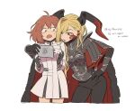  2girls ahoge armor asaya_minoru black_gloves black_pants blonde_hair breastplate brown_eyes brown_hair cloak dress english_text fate/grand_order fate_(series) fujimaru_ritsuka_(female) fur-trimmed_cloak fur_trim gloves hair_over_one_eye hand_on_own_hip holding horns long_sleeves multiple_girls nero_claudius_(fate) open_mouth pants parted_lips pointy_ears queen_draco_(fate) red_cloak red_eyes scales simple_background single_hair_intake tablet_pc thick_eyebrows twitter_username white_background white_dress 