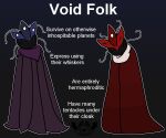  6:5 ambiguous_gender antennae_(anatomy) anthro apollysabyss biped black_body cape clothing duo english_text herm_(lore) multicolored_clothing purple_clothing red_clothing signature species_description species_sheet text two_tone_clothing void_folk void_monster whiskers white_clothing 
