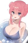  1girl @_@ absurdres artist_name bare_shoulders bathtub blue_eyes blue_one-piece_swimsuit blush bocchi_the_rock! breasts cleavage collarbone double_bun english_commentary gotoh_hitori hair_between_eyes hair_bun highres huge_breasts ice ice_cube meiwowowo nervous_smile one-piece_swimsuit open_mouth pink_hair signature simple_background smile solo sweatdrop swimsuit trembling water white_background 