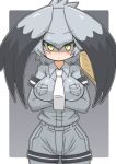  1girl :/ angry arms_under_breasts black_hair blonde_hair blush_stickers bodystocking border breast_pocket breasts brown_hair closed_mouth collared_shirt cowboy_shot crossed_arms green_eyes grey_hair grey_shirt grey_shorts hair_between_eyes impossible_clothes impossible_shirt kemono_friends layered_sleeves long_hair long_sleeves looking_at_viewer multicolored_hair necktie outside_border pocket shaded_face shirt shirt_tucked_in shoebill_(kemono_friends) short_over_long_sleeves short_sleeves shorts slit_pupils solo staring v-shaped_eyebrows very_long_hair white_border white_necktie wing_collar wirou 