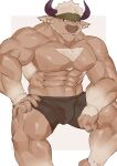  abs accessory anthro biceps bovid bovine briefs brown_body brown_fur bulge cattle clothing eggplant_nacl fur hair headband hi_res horn lifewonders male mammal muscular muscular_anthro muscular_male nipples pecs shennong shirtless sitting solo tokyo_afterschool_summoners underwear white_hair 