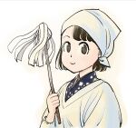  1girl amano_saku bandana black_eyes black_hair broom cleaning closed_mouth eyelashes hand_up highres holding holding_broom japanese_clothes kimono looking_at_viewer medium_hair sakimiya_satsuki sakimiya_senpai_no_kyujitsu smile solo upper_body white_bandana white_headwear 