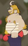  2023 absurd_res anthro armpit_hair asgore_dreemurr beard belly big_ears blonde_hair blush body_hair boss_monster bottomwear bovid bulge butt caprine clothed clothing deltarune denim denim_clothing facial_hair fangs fur goat hair haira happy_trail hi_res horn jeans male mammal monster muscular mustache nipples orange_eyes overweight pants pecs signature slightly_chubby solo tail teeth topless undertale undertale_(series) underwear white_body white_fur 