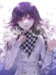  1boy artist_name black_hair buttons checkered_clothes checkered_scarf danganronpa_(series) danganronpa_v3:_killing_harmony double-breasted grin hair_between_eyes hand_up highres index_finger_raised jacket long_sleeves male_focus medium_hair multicolored_background multicolored_hair ouma_kokichi pink_eyes pink_hair scarf smile solo teeth two-tone_hair upper_body watermark white_jacket z-epto_(chat-noir86) 