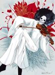  1boy afro alcohol_(alc96vol) black_footwear black_hair brook_(one_piece) cloak crossed_legs floral_background flower highres holding holding_instrument instrument invisible_chair long_sleeves one_piece red_flower sitting skull teeth twitter_username violin white_cloak white_flower wide_sleeves 