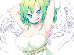  1girl :d angel armpits arms_up blush breasts fang frfr green_hair highres large_breasts looking_at_viewer medium_hair original simple_background smile solo strapless upper_body white_background wings 