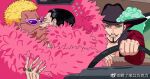  3boys annoyed beard black_hair blonde_hair covered_mouth crocodile_(one_piece) dark-skinned_male dark_skin donquixote_doflamingo dracule_mihawk driving facial_hair feather_coat fur_trim hair_slicked_back kiss looking_at_viewer male_focus mature_male mg_cls multiple_boys mustache one_piece scar scar_on_face scar_on_nose short_hair stitches sunglasses third_wheel upper_body yaoi 