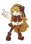  1girl blonde_hair blush_stickers boots braid brown_capelet brown_footwear brown_hairband brown_pantyhose brown_ribbon brown_skirt buttons capelet commentary_request crown_braid footwear_ribbon full_body green_eyes hair_ribbon hairband highres lobotomy_corporation long_sleeves neck_ribbon no_nose open_mouth pantyhose parody pointing project_moon puyopuyo ribbon shichou_(o_2538) shirt skirt smile solo standing style_parody tiphereth_a_(project_moon) white_shirt 