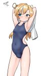  1girl absurdres abukuma_(kancolle) arms_behind_head black_one-piece_swimsuit blonde_hair blue_eyes breasts competition_swimsuit covered_navel dated double_bun facing_viewer feet_out_of_frame hair_bun hair_rings highres kantai_collection long_hair maru_(marg0613) one-hour_drawing_challenge one-piece_swimsuit shirt shirt_removed sideways_glance simple_background small_breasts solo standing swimsuit twitter_username white_background white_shirt 