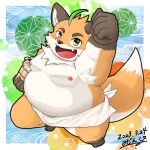  anthro belly blush bucket canid canine container fox fur green_eyes iyo_(tamacolle) male mammal mijinkoooknijim moobs navel nipples orange_body orange_fur overweight solo tamacolle towel 