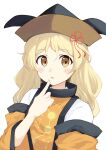  1girl black_trim blonde_hair blush_stickers brown_headwear commentary constellation_print detached_sleeves finger_to_own_chin hair_ornament hair_ribbon hat highres iyo_mamoru layered_sleeves long_hair long_sleeves looking_at_viewer matara_okina open_mouth orange_sleeves orange_tabard red_ribbon ribbon shirt solo tabard tassel tassel_hair_ornament touhou upper_body white_background white_shirt wide_sleeves yellow_eyes 