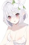  1girl :p alternate_breast_size antenna_hair areola_slip bare_shoulders blush breasts camisole camisole_pull closed_mouth collarbone commentary double-parted_bangs elf eyelashes eyes_visible_through_hair flower grey_hair hair_between_eyes hair_flower hair_ornament hand_up highres kokkoro_(princess_connect!) large_breasts leaf_hair_ornament looking_at_viewer pink_eyes pointy_ears princess_connect! pulled_by_self seductive_smile short_hair simple_background skindentation smile solo tongue tongue_out upper_body white_background white_camisole white_flower yupi_(yuyupiko01) 